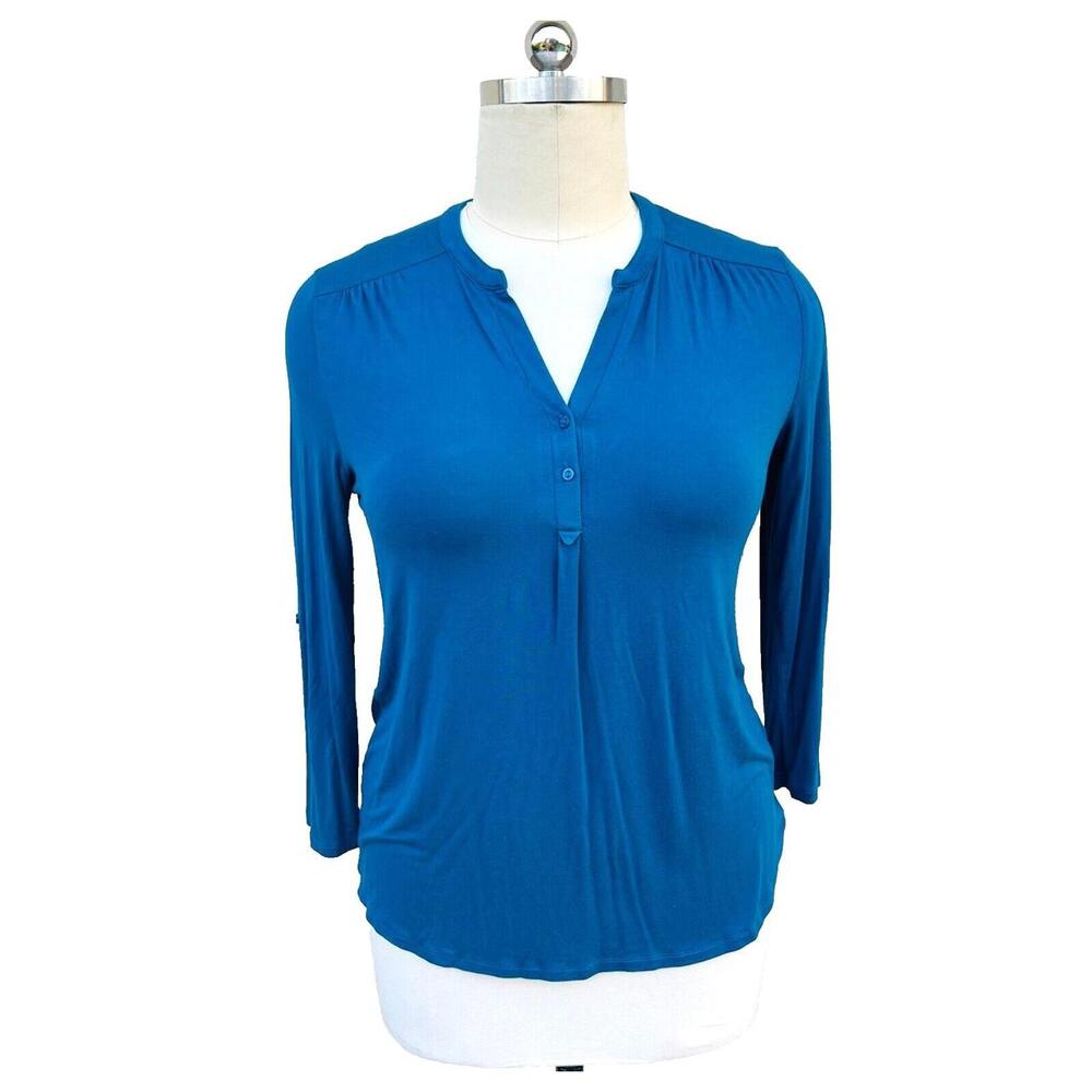 Cable & Gauge - Women's XL Long Sleeve Henley Tunic Top Dark Teal Blue Roll Cuff